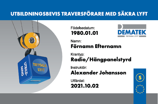 Bild på ett traverskort som är utfärdat genom Dematek utbildning
