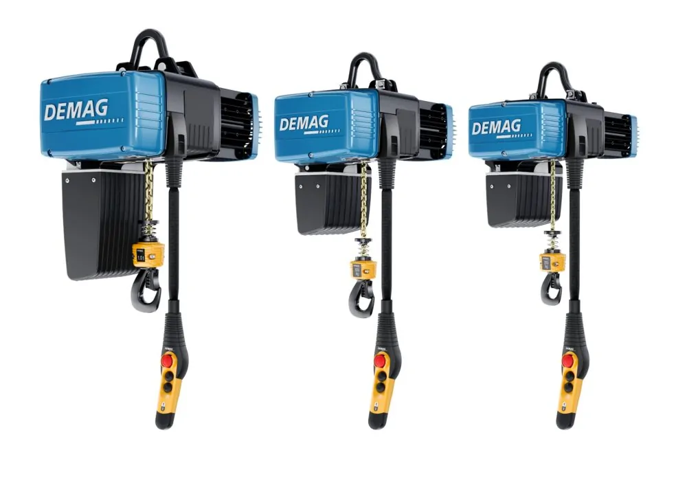 På bilden finns 3 telfrar från Demag, DC II som kommer i tre olika storlekar